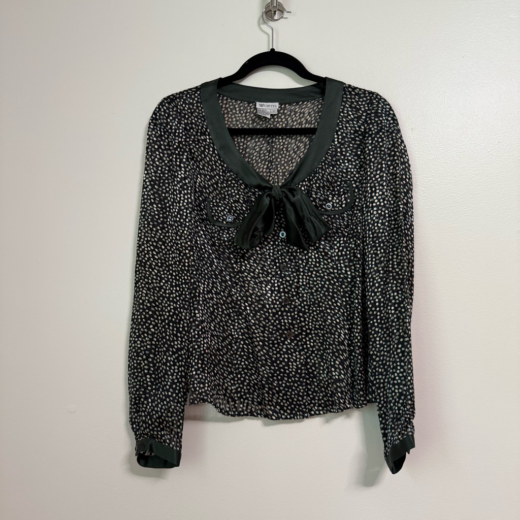 Vintage Worth Silk Blend Textured Green Dot Blouse With Necktie Bow, Size 6